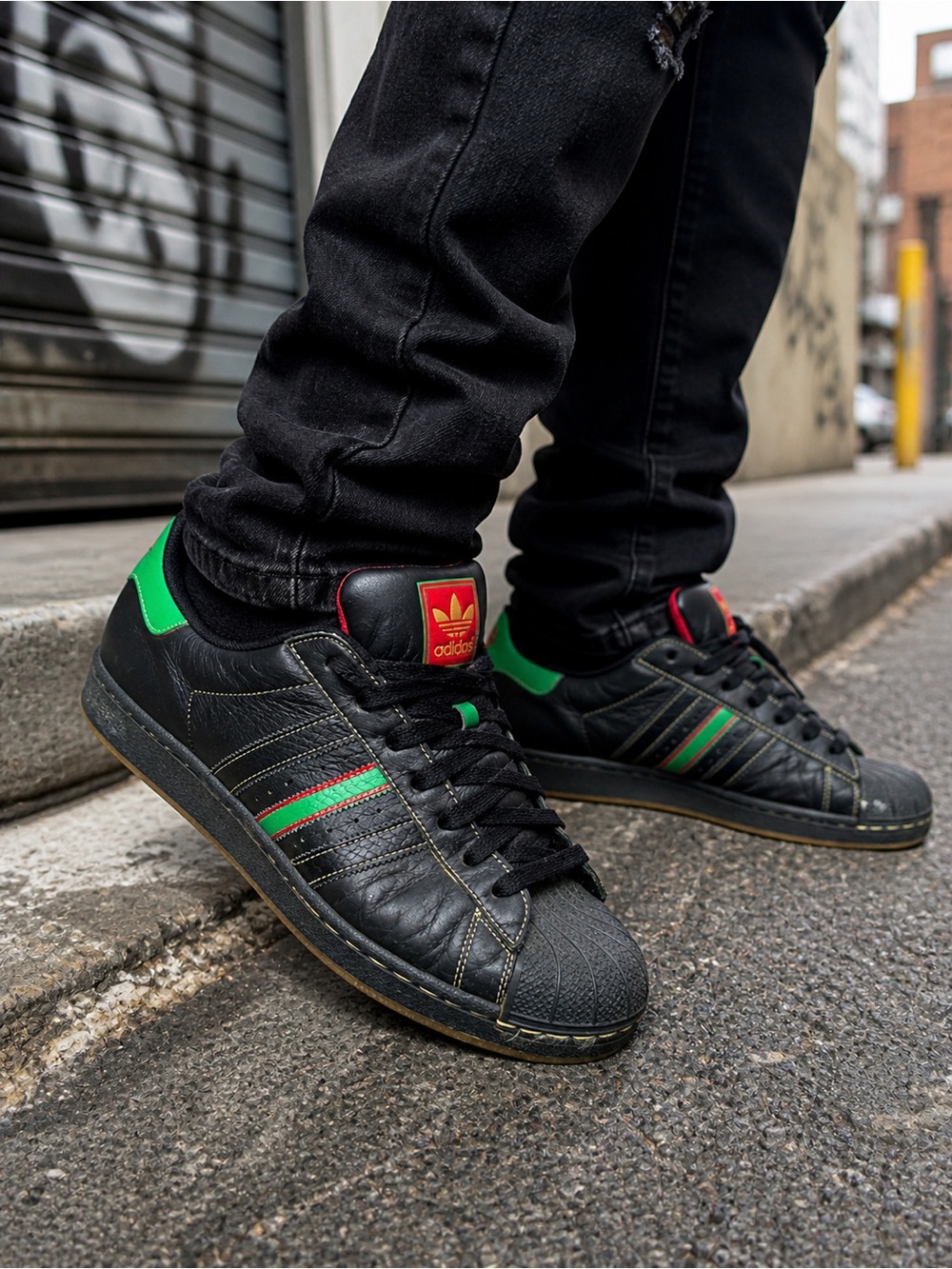 Adidas Superstar Black Leather Red Green Stripe Shell Toe Sz 11